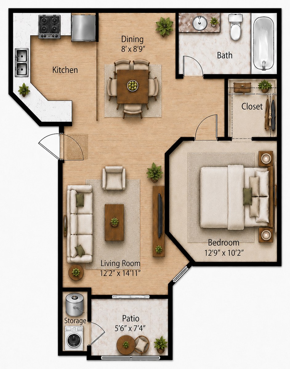 One-bedroom floor plan: living room 12'2" by 14'11", bedroom 12'9" by 10'2", kitchen, dining, bath and patio