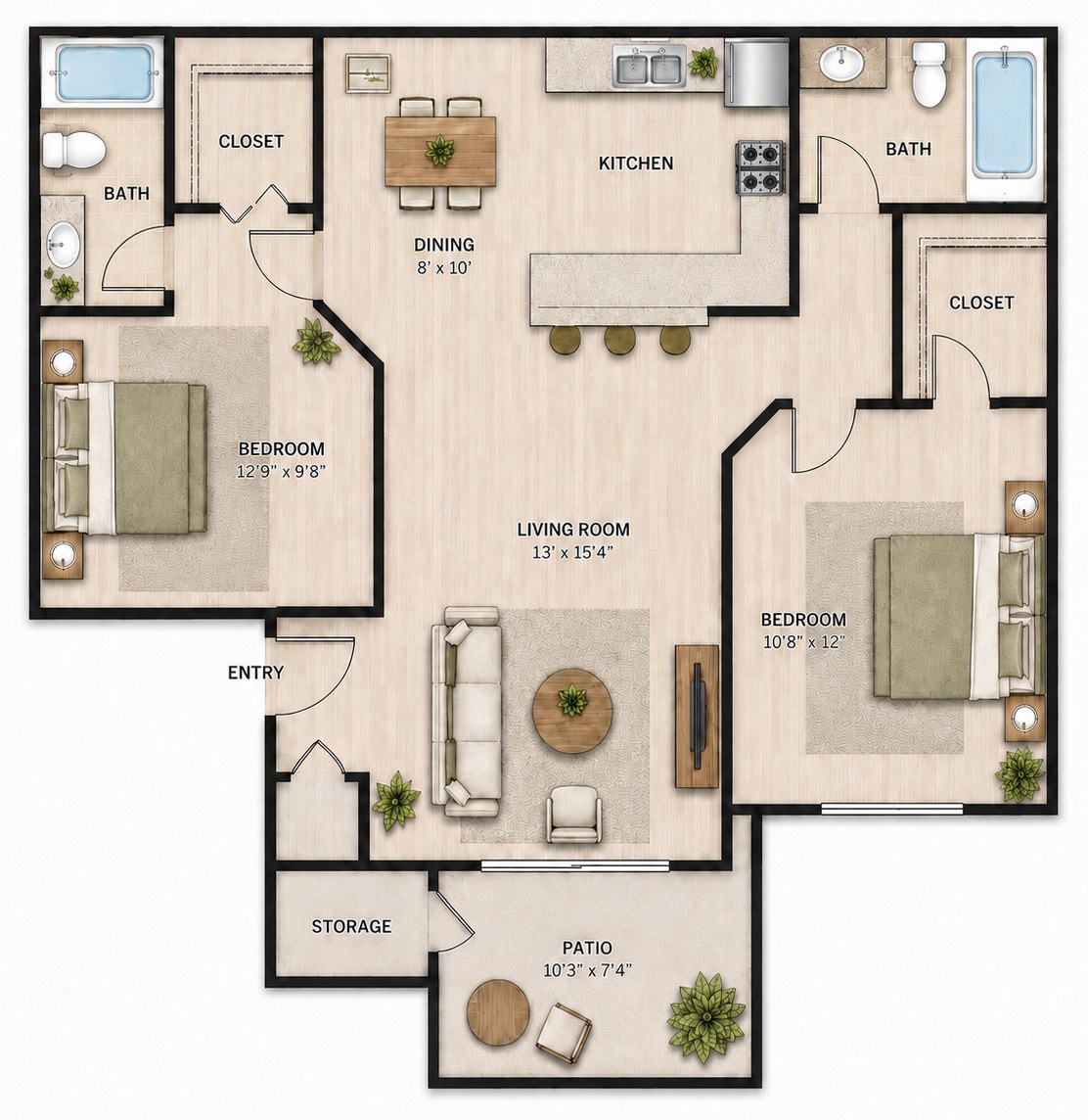 Two-bedroom split floor plan: living room 13' by 15'4" in the centre, a bedroom and full bath at each end, kitchen, dining and patio